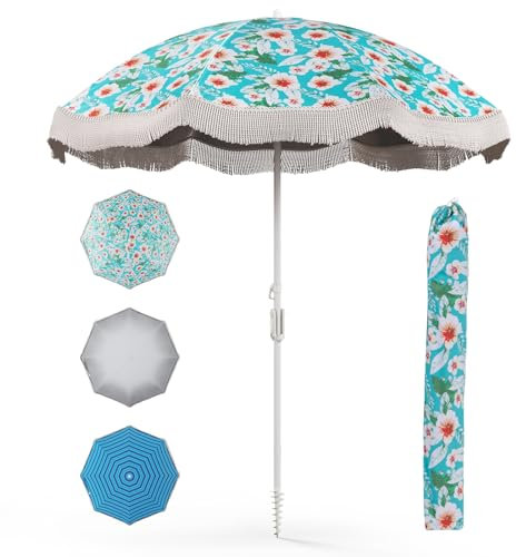 COSTWAY Parasol Plage 200 cm avec Franges, Parasol de Jardin Extérieur Inclinable, Parasol Plage Pliable Compact, Tissu en Revêtement Argenté, Pied d'Ancrage à Visser, Sac de Transport