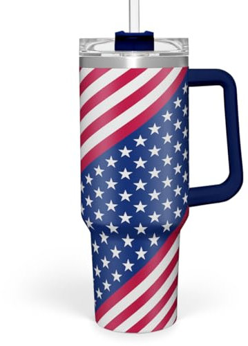 SANDJEST American Flag Tumbler with Handle, America Engraved 40oz Stainless Steel Insulated Coffee Mug with Lid & Straw, America Gifts for Men Women, USA Tumblers Cup Gift for Christmas