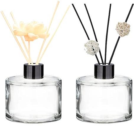 Lot de 2 flacons diffuseurs d'huiles essentielles vides en verre avec bouchons noirs transparents pour diffuseur de parfum à roseaux, accessoires de rechange (sans canne diffusée) - 50 ml