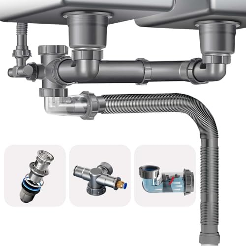 QruiLanTu Double Waste Drain Kit Space Saving Kitchen Sink Waste Kit Expandable Flexible P-Trap Pipe Sink Drain Assembly Kit with 4-Way Fitting Adapter for Dishwasher