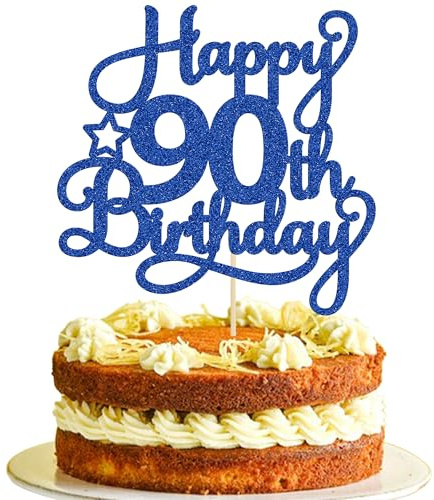 1 Pack Happy 90th Birthday Cake Topper Blue Glitter 90 & Fabulous Cheers to 90 Years Old Birthday Cake Pick for Celebrating 90th Birthday Anniversary Party Cake Decorations Supplies