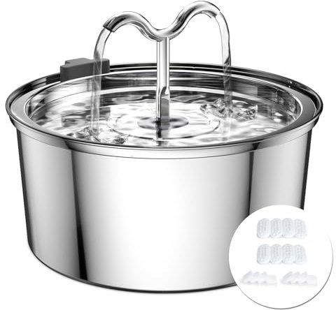DOOOB Katzentrinkbrunnen, 3,2L Katzen Trinkbrunnen, Katzenbrunnen Edelstahl mit Ultra-Leiser Pumpe, Automatischer Trinkbrunnen für Katze und Kleine Hunde, Inkl. 8 Filter & 8 Schwämme