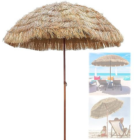Sombrilla de playa de paja redonda de estilo hawaiano de 2 m para patio, jardín, piscina, balcón, color natural, diseño tropical con parasol plegable Tiki