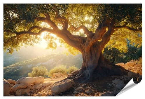 islandburner XXL Bild Poster Alter Olivenbaum im Sonnenunterganglicht für Wohnzimmer Naturliebhaber Blumengeschäft Premium Bilder Fotodruck