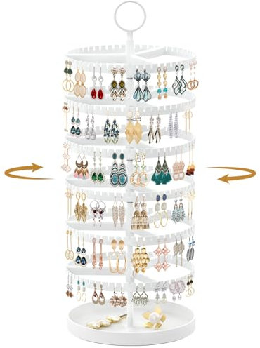 TANOSAN 6 Tier Rotating Earring Holder Organizer Stand Adjustable Plastic Display Tree with Metal Tray for Women, 342 Slots Rack for Stud, Hoop& Dangle, White