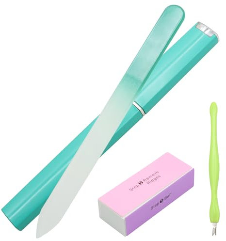 VEGCOO Kit de 3 Lime à Ongles en Verre avec Étui -1 Limes a Ongles Grain 180, 1 Polissoir à Ongles, 1 Repousse-cuticules, Lime a Ongles pour Ongles en Acrylique et Ongles Naturels (Vert)