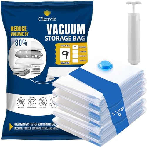 Clenvio Vacuum Storage Bags 9 Combo, (9 Extra Large) Space Saver Bags with Travel Hand Pump, Compression Airtight Sealer Bags for Clothes, Bedding, Pillows, Comforters, Blankets