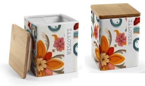 UTILISSIMI EDITACASA Biscottiera in Ceramica con Coperchio in Legno, Decorazione Floreale, misure 13x17 cm, linea Quadrata