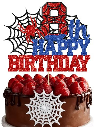 Ephlyn 1Pcs Spider Happy Birthday Cake Topper Spider Eighth Cupcake Topper 8th Birthday Cake Topper Spide Cake Decorations Birthday Party Supplies for Boys Girls