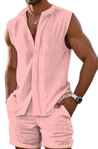 Oanviso Homme Été Chemises Hawaïenne Ensemble de Pyjama Doux a sans Manches Mode Couleur Unie Tank Top Débardeurs Légers Sportswear Shorts Élastique Oversized B Rose M