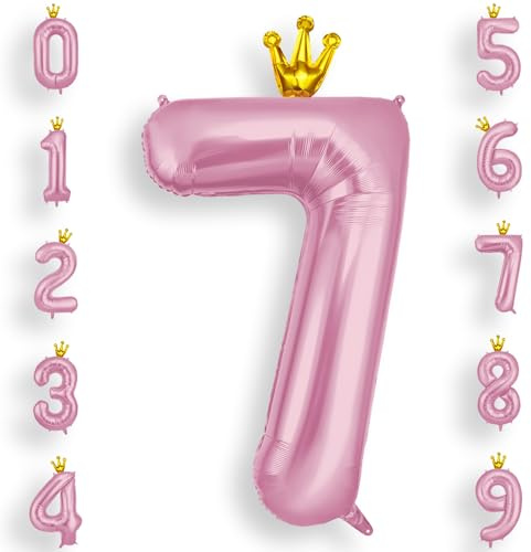 AOOSU Zahlen Luftballon 7 Rosa, 40 Zoll Folienballon 7 Geburtstag Helium Ballon 7, 101cm Zahlenballon 7 Ballon mit Krone für 7 Jahre Geburtstagsdeko und Jahrestag Dekorationen