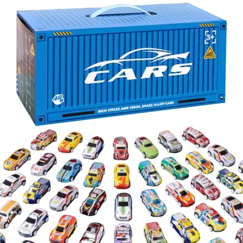 48PCS/Set Race Cars Funny Simulation Pull Back Cars with Built-In Garage Toys Portable Mini Pull Back for Boys Girls Toddlers Lover Gift, BlueRace