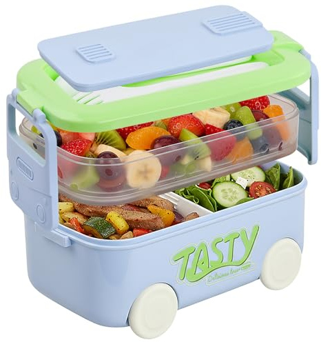Culinavog Compartimento Bento, Fiambrera 1100ml, Bento Box 3 Compartimentos, Fiambrera Hermética con Cubiertos, Lonchera con Cierre de Clip para Niños Adulto Comida Trabajo Escuela Picnic Lavavajillas