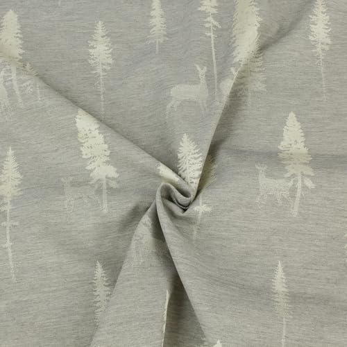 Jacquard Stoff Meterware Grau – Landhaus Dekostoff mit Rehen & Waldmotiv 140 cm breit – Polyester Viskose, doppelseitig, pflegeleicht – Made in Germany