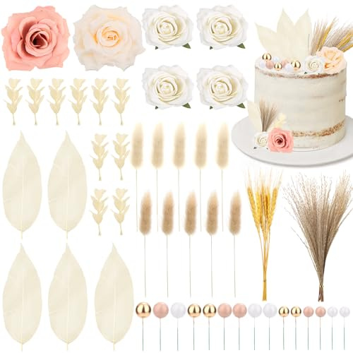 56 Stk. Boho Tortendeko, Wiederverwendbare Torten Deko Set mit Künstliche Rosenblüten Olivenblätter Getrocknetes Schilf Magnolienblätter Hasenschwänzchen Ähren Bälle für Geburtstag Hochzeit Babypartys