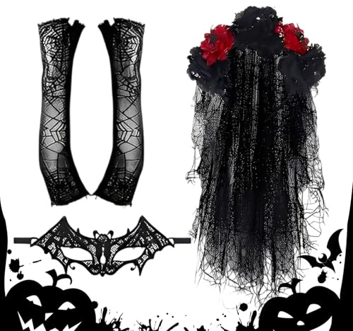 Day of the Dead Veil Set: Kostümzubehör, Gesichts-Make-up, Totenkopf-Gesichtsbemalung, Gothic-Kopfschmuck aus Spitze, für Erwachsene, Halloween-Feier