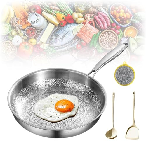 Padelle in Titanio, Padella Antiaderente Titanio Martellato, Padella Pro in Titanios Martellato con Coperchio, Padellas in Titanios Senza Rivestimento, Adatto a Tutte le Stufe (Senza Coperchio, 26cm)