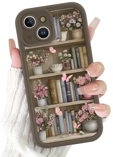 Foonary Cute Retro Bookshelf Phone Case for iPhone 15 Flower Case 6.1, Aesthetic Floral Butterfly Pattern Shockproof Soft TPU Full Camera Lens Protective Brown Cover Funda for Women Girls