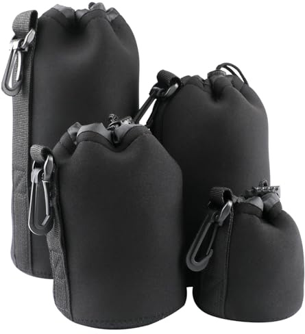 4pcs Camera Lens Bag Set, Protective Neoprene Lens Pouches with Drawstring,Water-Resistant Soft Plush Lens Case for DSLR Camera Lens, Thick Lens Bag 4 Sizes for Canon Nikon Sony Pentax Olympus(Black)