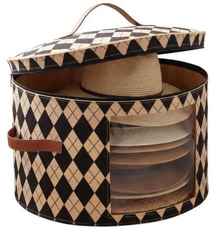 YUNYOUC Hat Box with Lid, 43x43x26cm Large Round Felt Hat Storage Box with Clear Window and Handles, Foldable Travel Organiser for Cowboy Hats Sun Hats Fascinators, Wardrobe Storage (Khaki Argyle) | with Clear Window and Handles, Foldable Travel Organiser for Cowboy Hats Sun Hats Fascinators, Wardrobe Storage