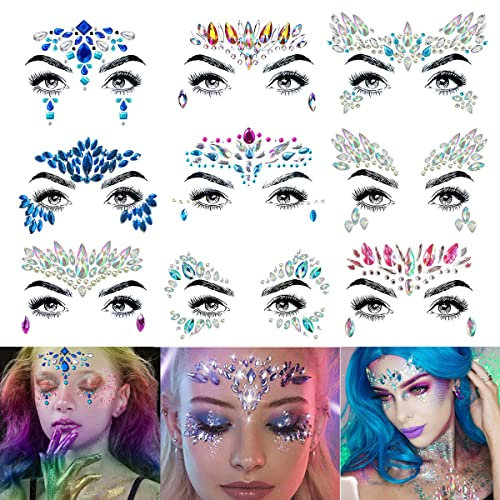 Amaza 9Pcs Gemme Viso, Strass Adesivi, Brillantini,Glitter per Carnevale Musicale, Feste, Trucco