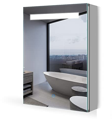 Quavikey® Bathroom Mirror Cabinet with Light and Shaver Socket Grey LED Illuminated Bathroom Cabinet With Mirror Built-in Defogger Adjustable Dimmer Removeable Shelf 400x600 mm Aluminum