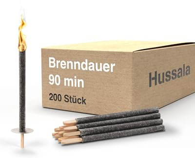 Hussala Diamond Wachsfackeln [200 Stück / 90 min] mit Holzstab und Tropschutz, Garten Fackeln aus Diamond-Wachs