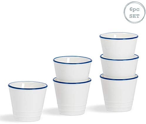 Nicola Spring Farmhouse Egg Cups - 6 Pack 5cm White Porcelain Soft-Boiled Egg Holders with Blue Rims - Rustic Country Kitchen Style - Durable & Dishwasher Safe Breakfast Tableware