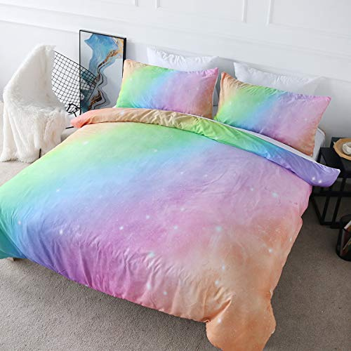 BlessLiving Single Duvet Cover Set, Sparkly Rainbow Bedding 3-Piece | Soft Ombre Bed Sets with 2 Pillowcases Gradient Microfiber Breathable Stylish Dreamy Glitter Home Decor Marble