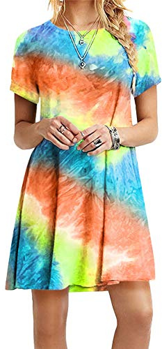 OMZIN Damen Kleider Tunika Tshirt Kleid Kurzarm MiniKleid Sommerkleid für Damen Brautkleid Rundhals Elegantes Kleid Orange XS