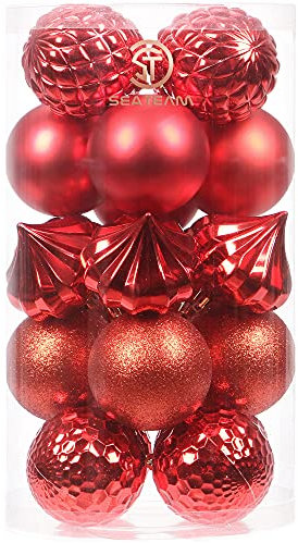 Sea Team 21-Pack Christmas Ball Ornaments with Strings, 80mm/3.15 Large Size Baubles, Shatterproof Plastic Christmas Bulbs, Hanging Decorations for Xmas Tree, Holiday, Wedding, Party, Red