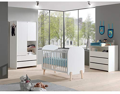 Babybett 60 x 120 cm, Lattenrost inklusive, Kommode 3 Schubladen, Wickelauflage und Schrank 2 Türen Kiddy – Weiß