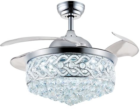 42 Inch Chandelier Crystal Ceiling Fan with Light Remote Dimmable Fandelier Ceiling Fan with Light Color Change 6 Speed Retractable Blades Ceiling Fan Light for Bedroom Indoor Living Room Chrome
