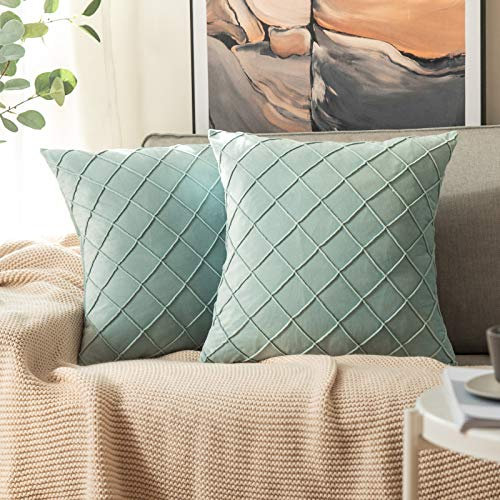 MIULEE 2er Set Samt Kissenbezug Gitter Sofakissen Dekokissen Kissenhülle Kissenbezüge Couchkissen Kissen Samtkissen Weich Einfarbig Zierkissen ohne Füllung für Sofa Wohnzimmer 50x50cm Türkis