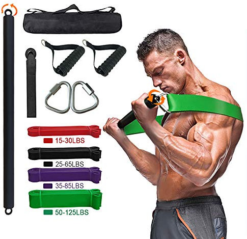 Tragbare Widerstandsstange, 136KG Widerstandsband-Set, geeignet für (Steh-) Bankdrücken, Kniebeugen, Kreuzheben und Ganzkörpertraining, Fitnessstudio zu Hause