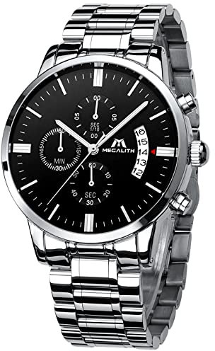 MEGALITH Herrenuhr Edelstahl Silber Chronographen Herren Armbanduhr Wasserdicht Analog Uhren fur Männer Großes Ziffernblatt Leuchtende Datum - Silber Schwarz