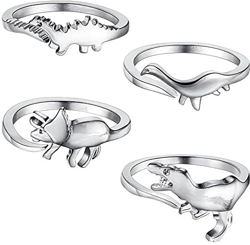 Yaomiao 4 Stücke Dinosaurier Ringe Set Offene Einstellbare Dino Ringe Vintage Silber Dinosaurier Legierung Geschenke für Weihnachten Damen und Herren