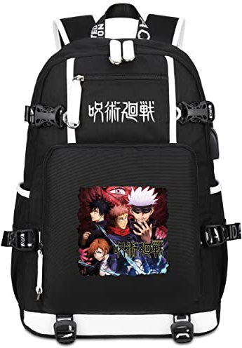 Roffatide Anime Jujutsu Kaisen Laptop-Rucksack für 15,6 Zoll Bedruckter Schulranzen Daypack mit USB-Ladeanschluss & Kopfhöreranschluss
