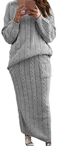 Minetom Damen Strickkleid Zweiteiliger Anzug Pullover Oberteil und Midi Strickrock Bodycon 2 Stück Set Winter Strick Kleid Pulloverkleid