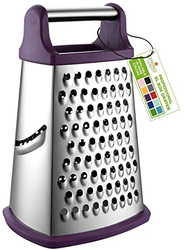 Spring Chef Stainless Steel XL Cheese Grater for Kitchen, Purple | 4 Sided Manual Metal Box Grater for Carrot, Potato, Veggie, Cheese Shredder, Professional Food Shredder, Dishwasher Safe