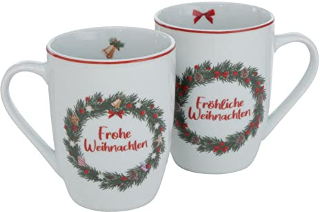2 Porzellan Tassen zu Weihnachten Henkelbecher mit Weihnachtskranz Motiv und Spruch Frohe-, Fröhliche Weihnachten H10cm D8cm