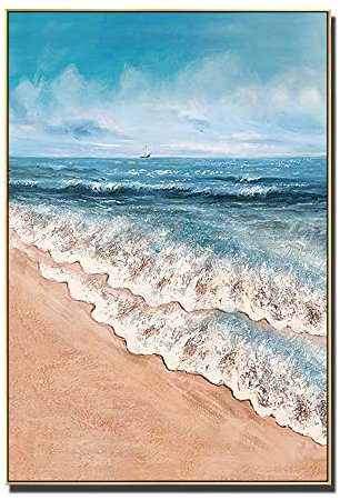 Ölbilder Auf Leinwand Handgemalt,Große Abstrakte Blaue Himmel Meer Boot Strand Wellen Landschaft Leinwand Wandkunst Moderne 100% Handgemalte Ölgemälde Auf Leinwand Kunstwerke Für Wohnzimmer Sch