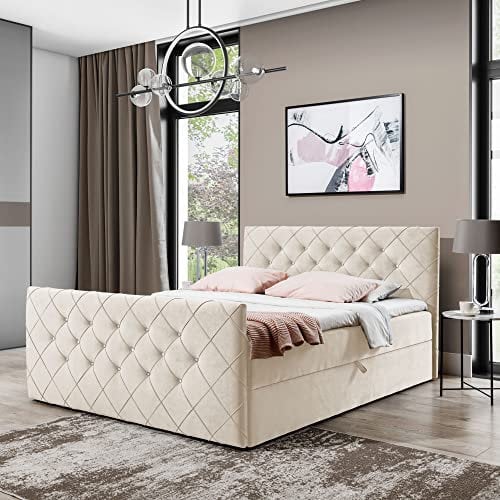 Boxspringbett Doppelbett MONAKO - Bett mit Bonellmatratze, mit Bettkasten für Bettwäsche und Topper. Gepolstertes Kopfteil und Fussteil mit Einer eleganten Steppung verziert (Creme, 180x200)