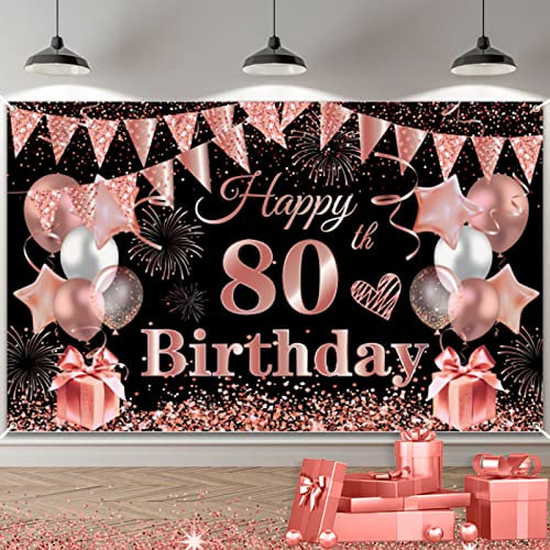 80. Geburtstagsfeier Dekorationen Banner für Frauen, 80. Geburtstag Deko Banner Schwarz Roségold, Extra Groß Stoff 80th Geburtstag Hintergrund Schild Poster Banner für Jubiläum Geburtstagsdeko