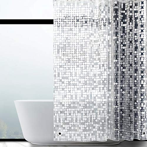 WELTRXE Rideau de Douche Anti-Moisissure 120 x 180 cm EVA Imperméable avec 8 Anneaux et Poids Inférieur Magnétique, Rideau de Bain Semi-Transparent 0,15 mm, Motif Géométrique, pour Baignoire