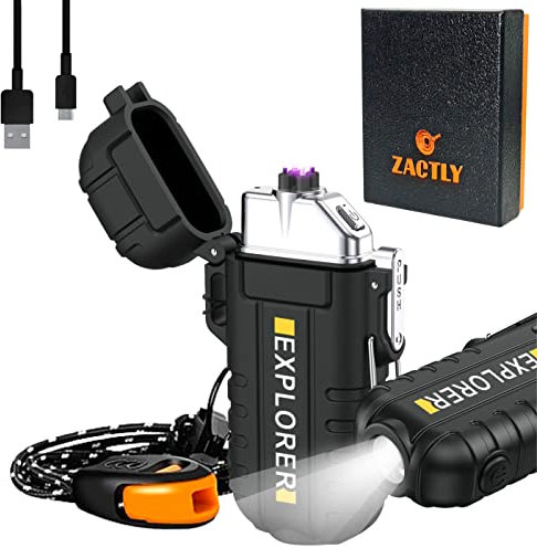 Zactly AL07 Dual Arc Plasma Electric Lighter USB TYPE C Rechargeable Flameless Waterproof Windproof Dustproof with Flashlight, Lanyard & Whistle, Kitchen, Camping, Outdoor Survival Tool (Black)