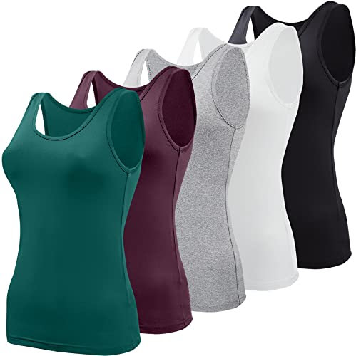 BQTQ 5 Stück Elastische Tank Tops Damen Unterhemden Stretch Crop Top Basic Cami Tank Top für Frauen und Mädchen, Schwarz, Weiß, Grau, ViolettRot, Dunkelcyan, M