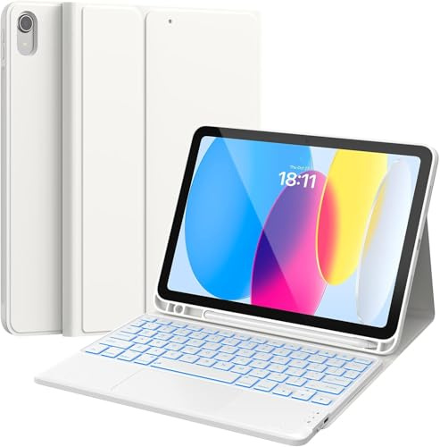 CHESONA Étui à rabat pour iPad 10e génération avec clavier (11,9, 2022), rétroéclairage à 7 couleurs, pavé tactile multiple, étui à rabat avec porte-crayon, 2 canaux Bluetooth pour iPad 10e