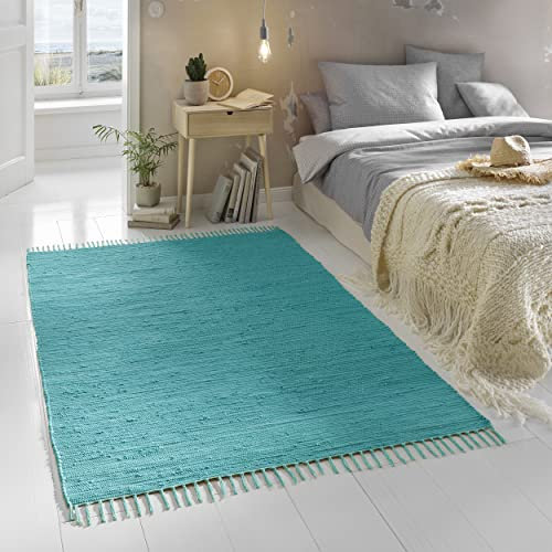 TacaHome Flicken-Teppich 100% Baumwolle I Waschbarer Fleckerl mit Fransen I Esszimmer Küche Badezimmer Wohnzimmer Kinderzimmer | 140 x 200 cm Türkis