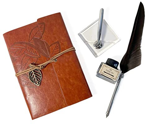 Thorness Notizbuchständer und Tinte mit Federn, Braun, Kalligraphie-Set, Schreibset, Tintenstift, Lederbindung, Notizbuch, Federstift, kreatives Schreiben, Skript
